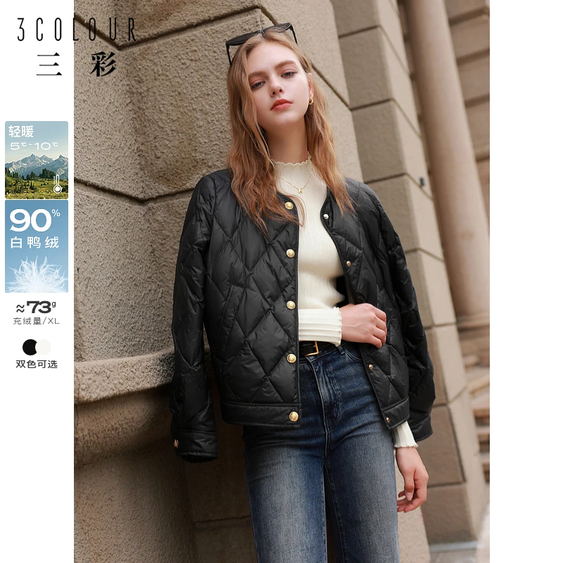 三彩2024冬季新款绗线羽绒服轻薄白鸭绒外套小金扣宽松优雅女M