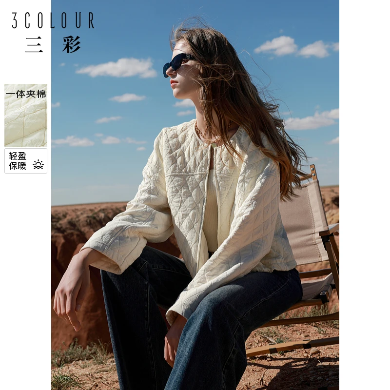 三彩2024冬季新款肌理感棉衣圆领拉链开衫外套轻薄棉服宽松休闲女