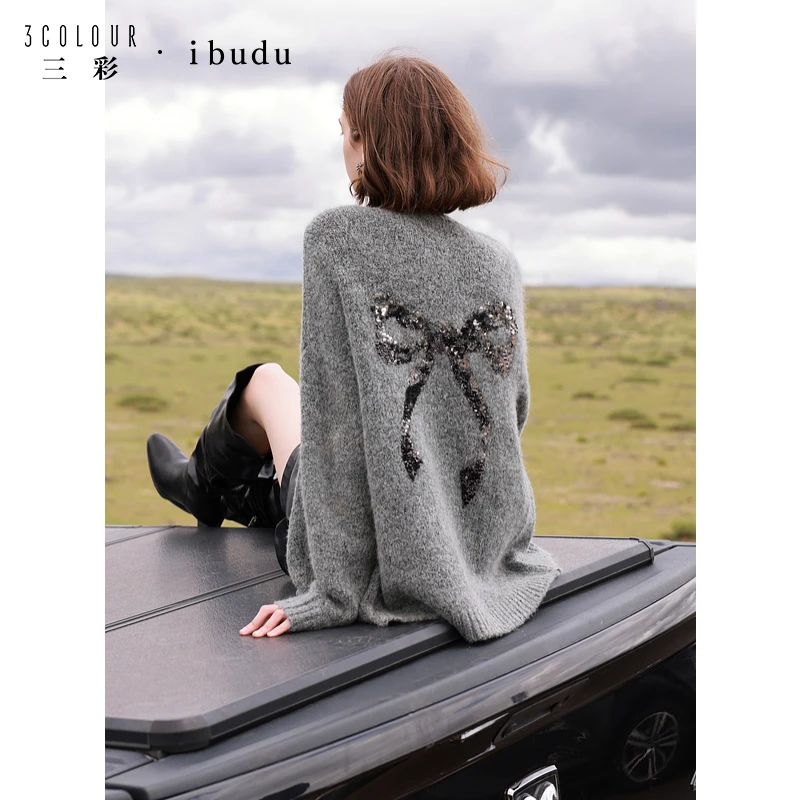 三彩ibudu2024冬季新款珠片绣蝴蝶结针织衫V领毛衣开衫慵懒休闲