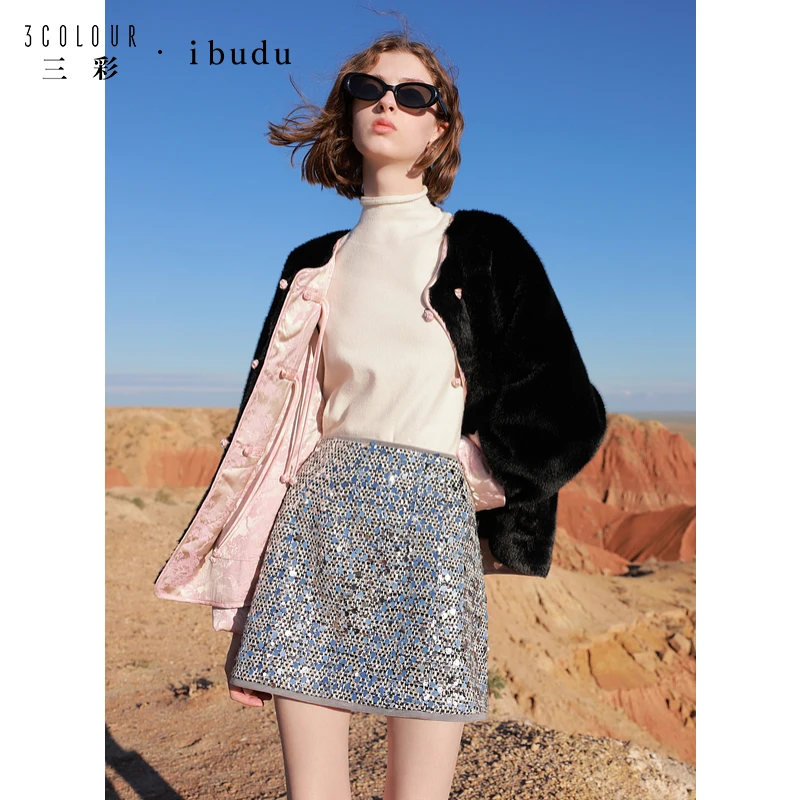 人造皮草 三彩ibudu2024冬季新款新中式仿貂毛外套两面穿宽松