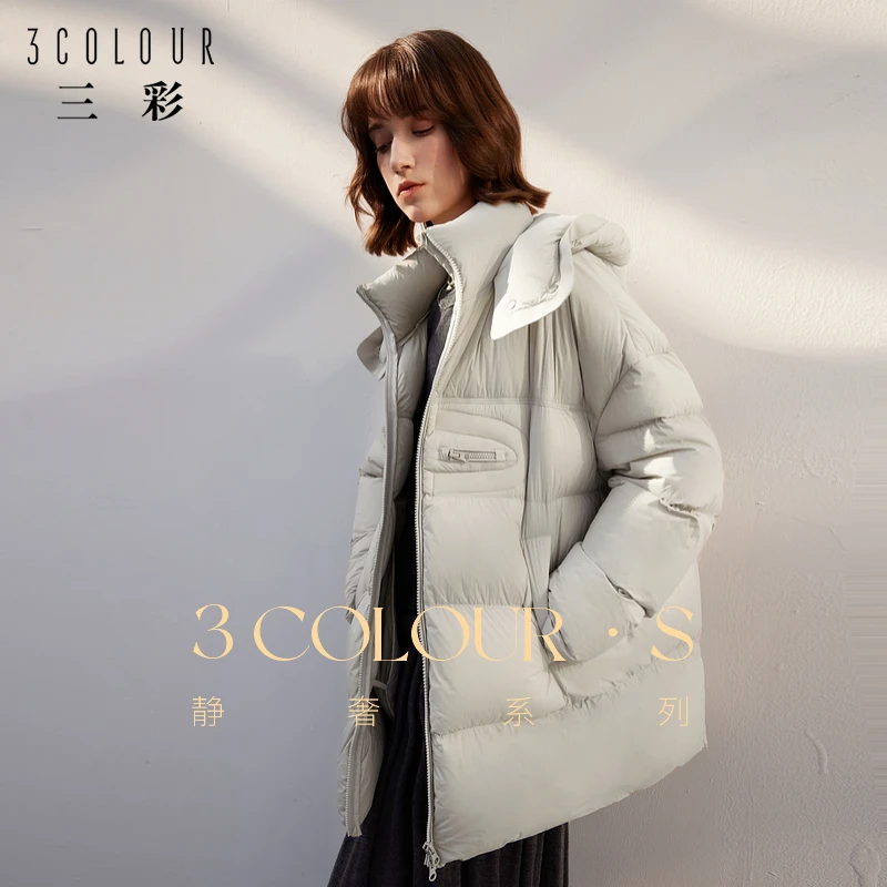 三彩2024冬季新款连帽羽绒服宽松白鹅绒面包服中长简约鹅绒服女