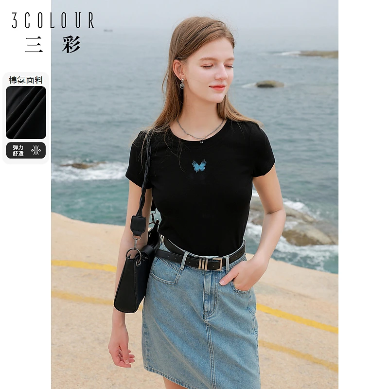 三彩女装2024夏季新款蝴蝶剪影印花圆领T恤修身短款套头上衣M