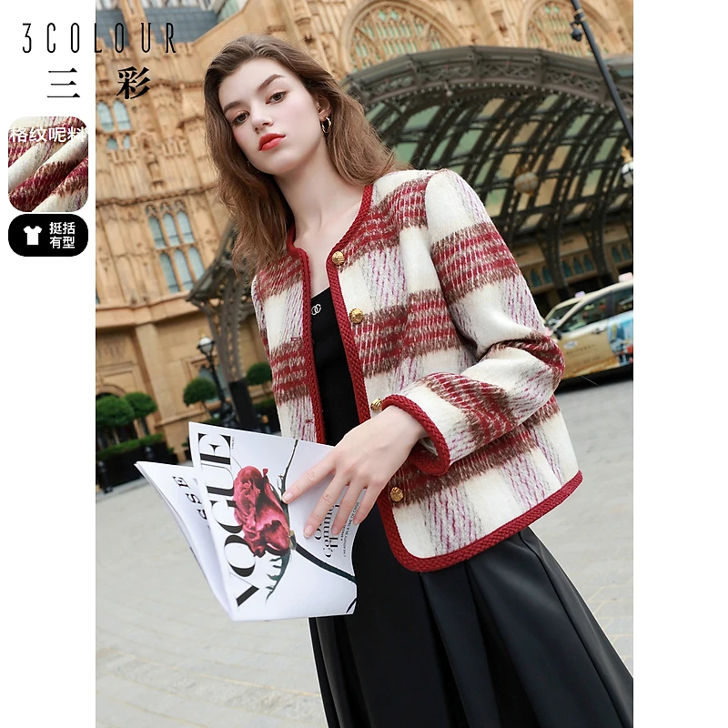 三彩女装2024冬季新款香风毛呢大衣圆领短款复古高贵气质大衣