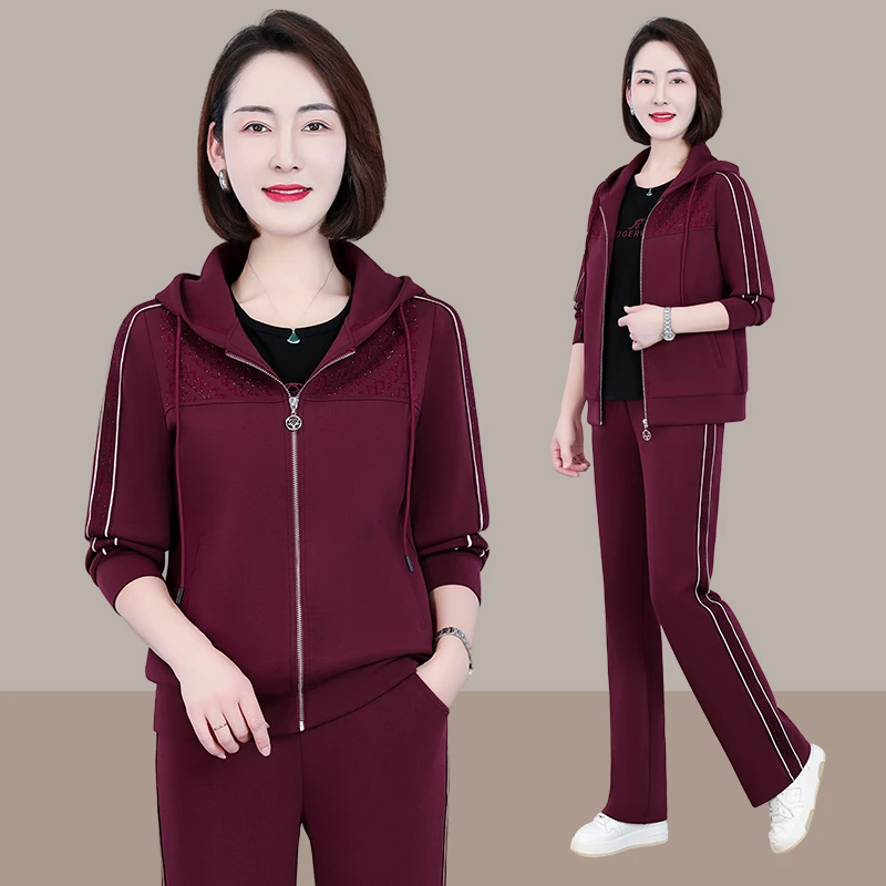 恩狐中老年女春秋新款显瘦运动套装中年妈妈秋季休闲时尚三件套装