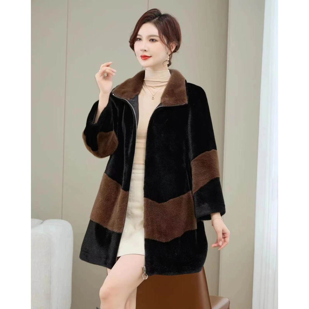 恩狐时尚休闲皮毛一体撞色中老年女大衣冬季保暖加厚秋冬外套