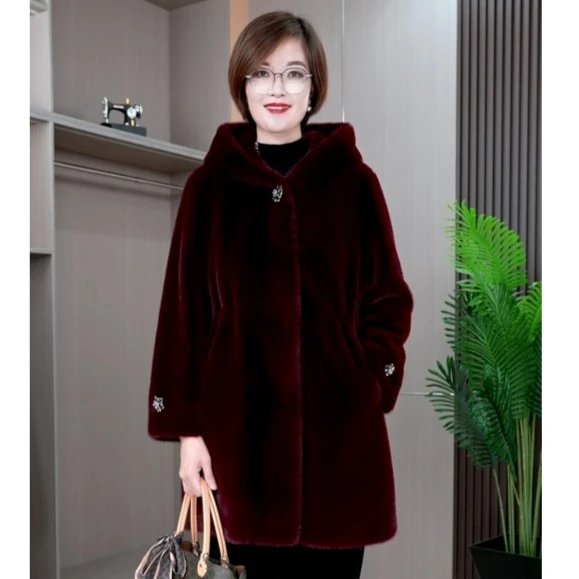 恩狐保暖加厚洋气上衣中长款女外套冬季新款连帽皮毛一体妈妈装