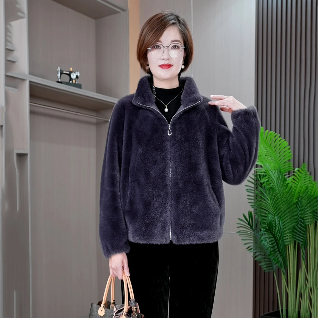 恩狐休闲纯色短款立领外套冬季皮毛一体开衫时尚女款加厚保暖女装