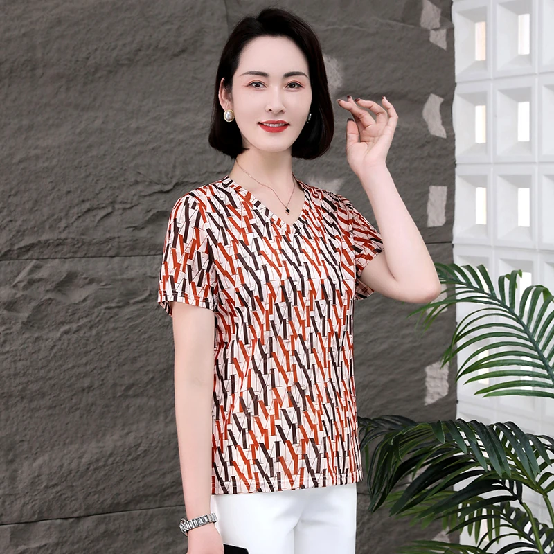 恩狐妈妈装夏季T恤时尚显瘦中老年几何花纹气质圆领洋气短袖上衣