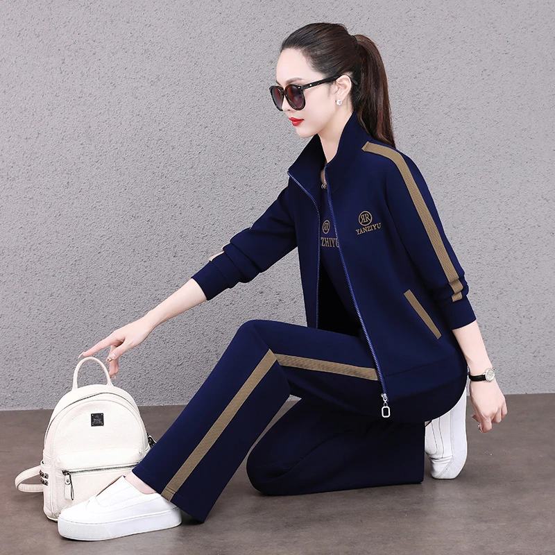 恩狐中老年春秋休闲运动套装大码显瘦中年妈妈时尚气质春季三件套