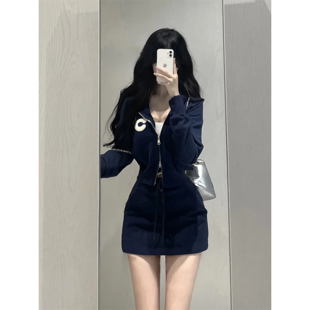 高腰包臀半身裙两件套YY美式复古辣妹运动风连帽拉链卫衣开衫外套