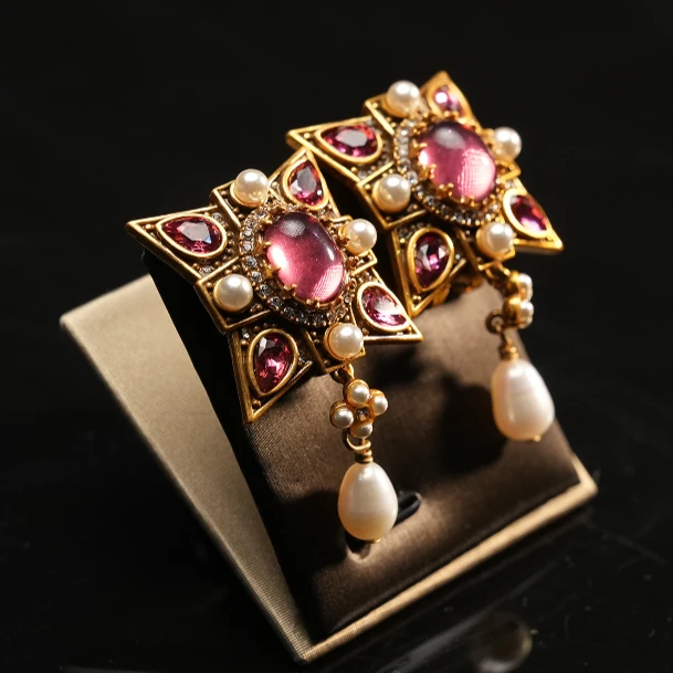 铜合金耳饰 G088巴洛克风-王某妃系列玫瑰红色琉璃巴洛克珠珠耳拍