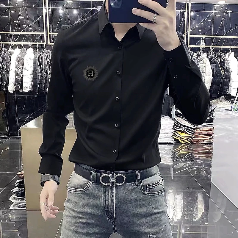(品质新款长袖衬衫)男士锦氨面料无痕压胶高弹抗皱修身痞帅春秋款