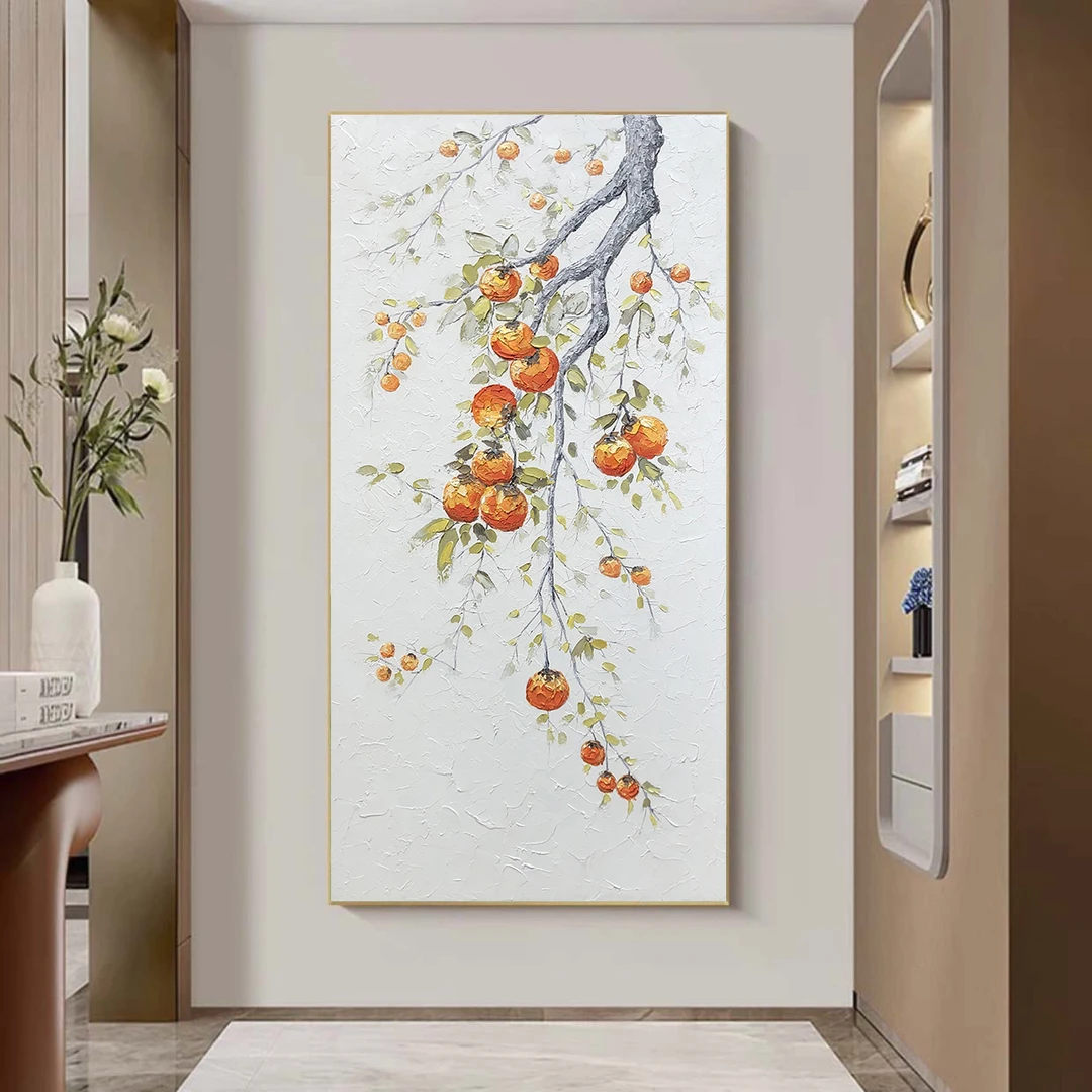 《柿柿如意》玄关纯手绘油画竖版柿子厚肌理装饰画奶油简约风格挂画