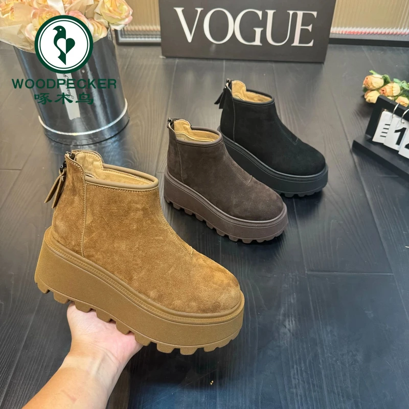 啄木鸟增高7CM短靴女秋冬休闲时尚百搭高级感厚底复古加绒雪地靴