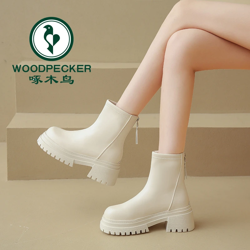 啄木鸟厚底靴子女加绒高跟短靴女鞋新款秋冬季英伦百搭粗跟瘦瘦靴