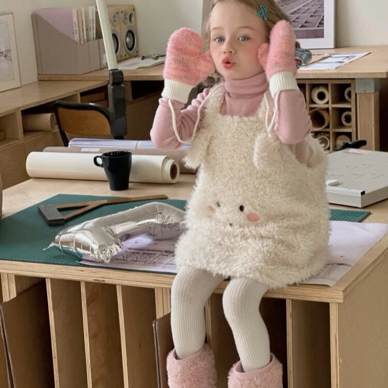 女童背心裙加厚保暖秋冬2025新款儿童可爱毛毛背心裙女宝宝套装