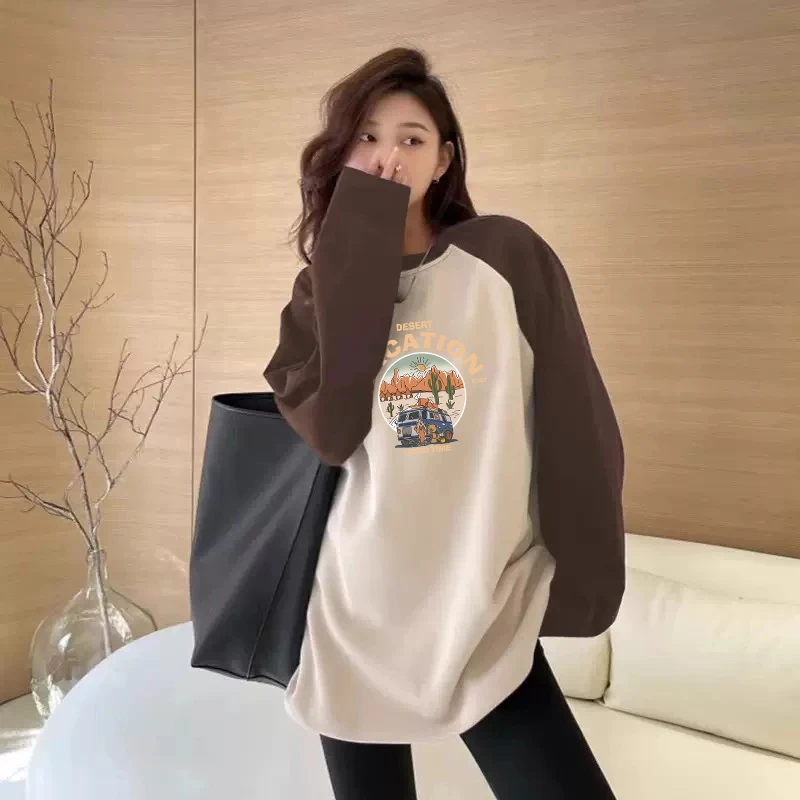 中长款大码秋冬加绒插肩拼色长袖t恤女韩版德绒打底衫保暖内搭ins