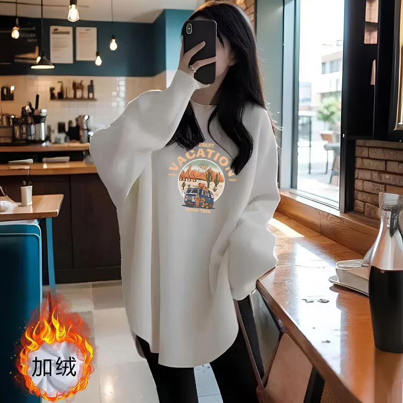 加绒内搭打底衫女中长款秋冬加厚宽松遮屁股上衣2024新款长袖t恤