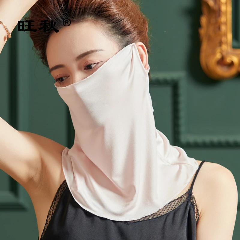 旺秋夏季遮阳防晒面罩真丝围脖女套头挂耳护颈桑蚕丝防紫外线丝巾