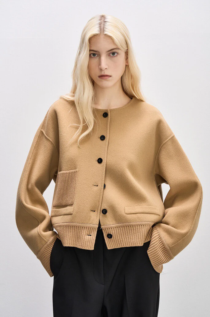 韩国高端品圆领羊绒夹克针织拼接短款大衣简约设计