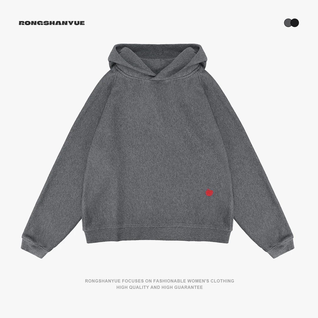 Rongshanyue复古美式重磅上衣小苹果徽标连帽休闲短款卫衣女A1484