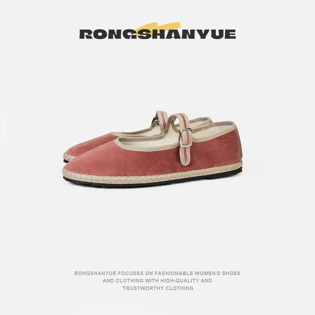 Rongshanyue纯手工丝绒面平底玛丽珍鞋复古花卉奶奶鞋布鞋B886