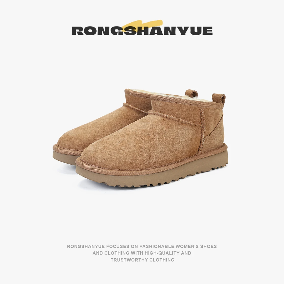 Rongshanyue羊皮毛一体保暖搭子毛毛鞋皮带扣绒面雪地靴女B1035