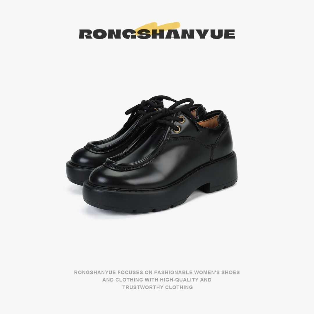 Rongshanyue英伦风开边珠牛皮乐福鞋浅口厚底玛丽珍单鞋女B853
