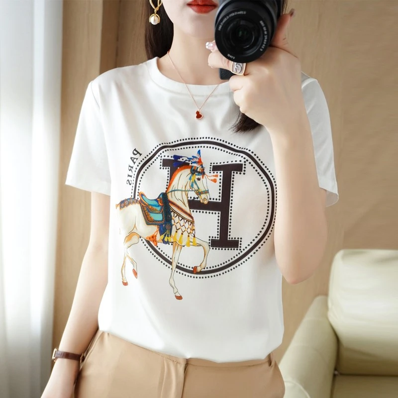 印花短袖女时尚显瘦夏季上衣圆领显瘦凉缎面拼接短袖1207