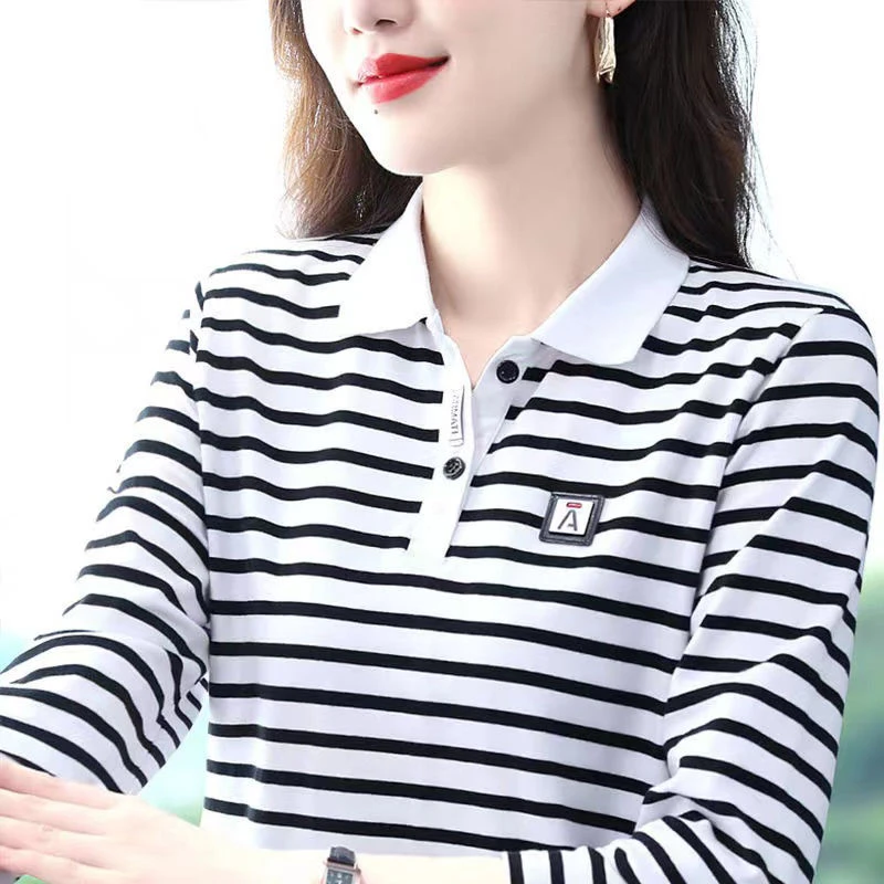 901黑白条纹POLO衫经典长袖t恤女春秋翻领运动休闲百搭大码洋气