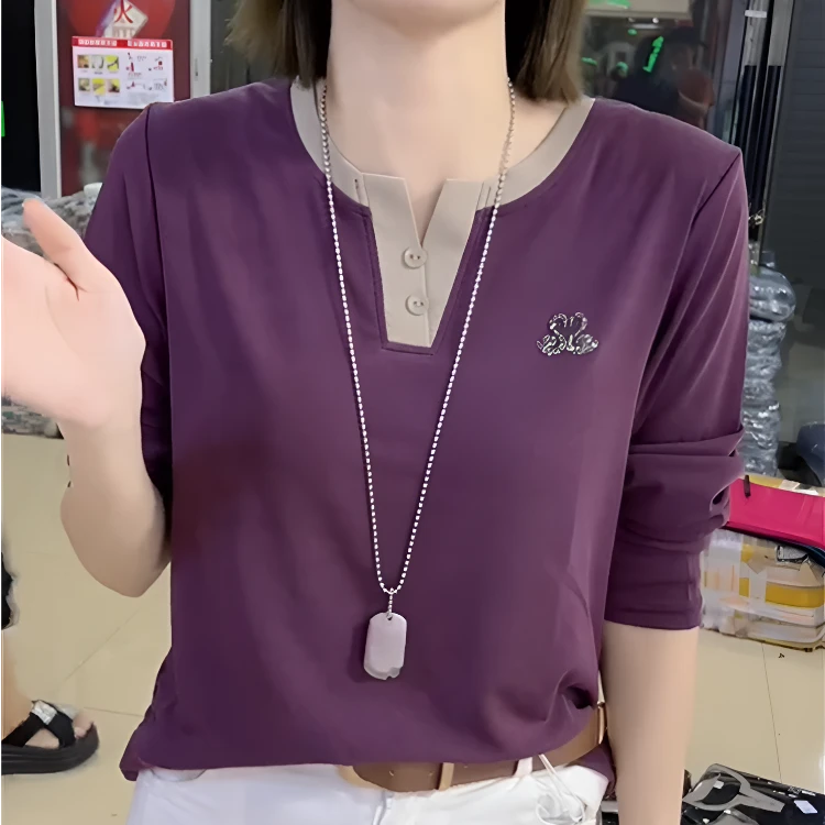 913紫色镶钻小天鹅拼色长袖打底衫女春秋季新款洋气减龄百搭T恤女