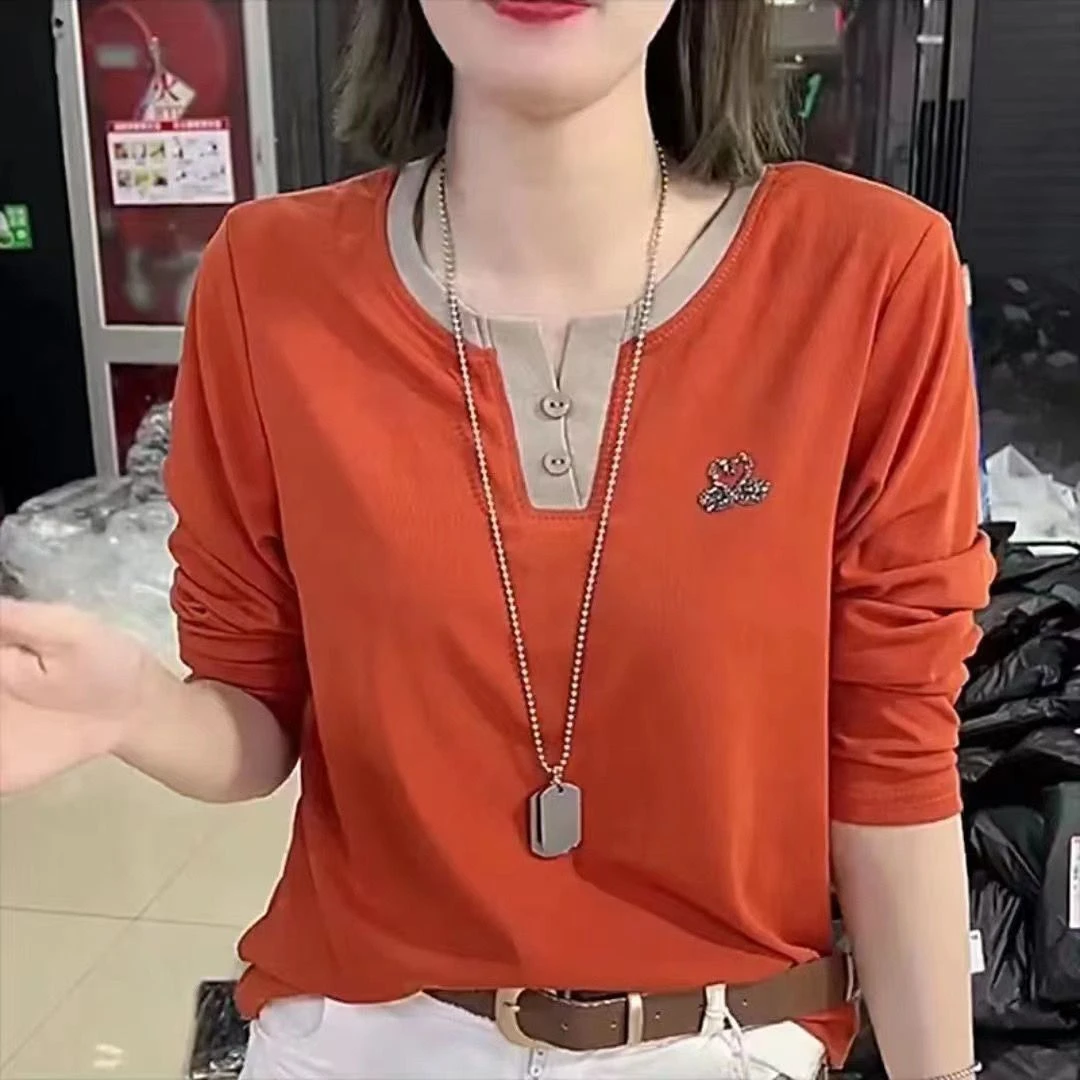 913桔色春秋女装黑天鹅烫钻V领长袖T恤时尚减龄遮肚子显瘦上衣潮