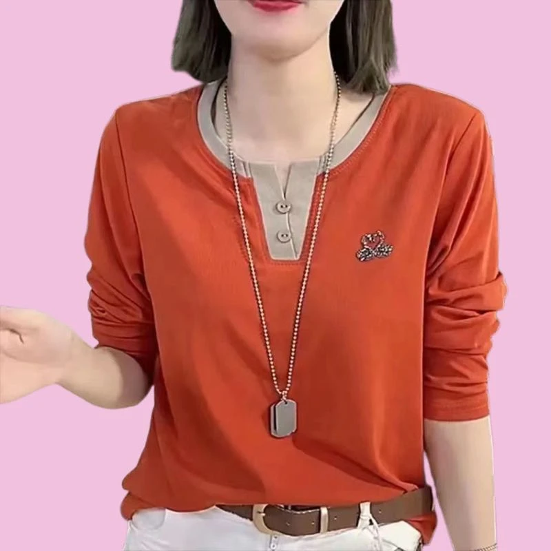 春秋季新款女装黑天鹅烫钻V领长袖T恤女时尚减龄遮肚子显瘦上衣潮