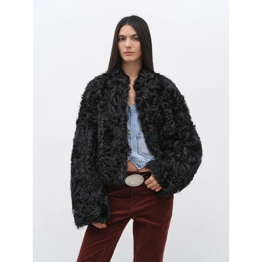 付智恩 小熊心事 新西兰进口羊卷毛皮毛一体外套羊羔毛皮草大衣冬