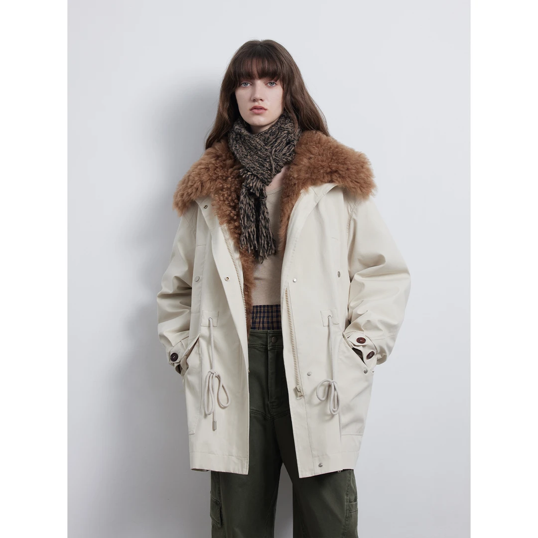 付智恩 绿里奇迹 休闲抽绳90白鹅绒羽绒服可拆卸中长外套派克服女