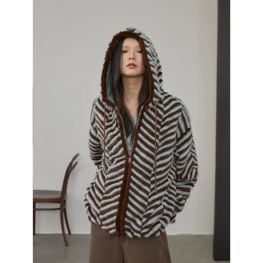 付智恩进口天鹅绒水貂重工车条撞色皮草