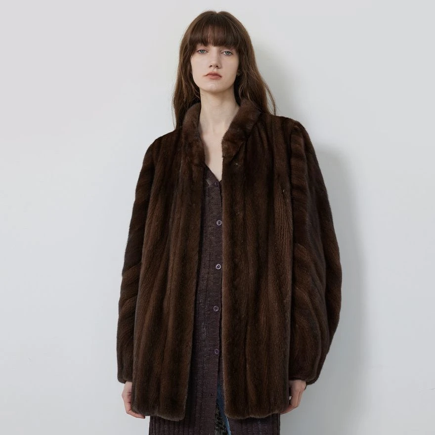 付智恩昭雪貂 进口天鹅绒全抽复古立领水貂皮草中长款貂皮大衣冬