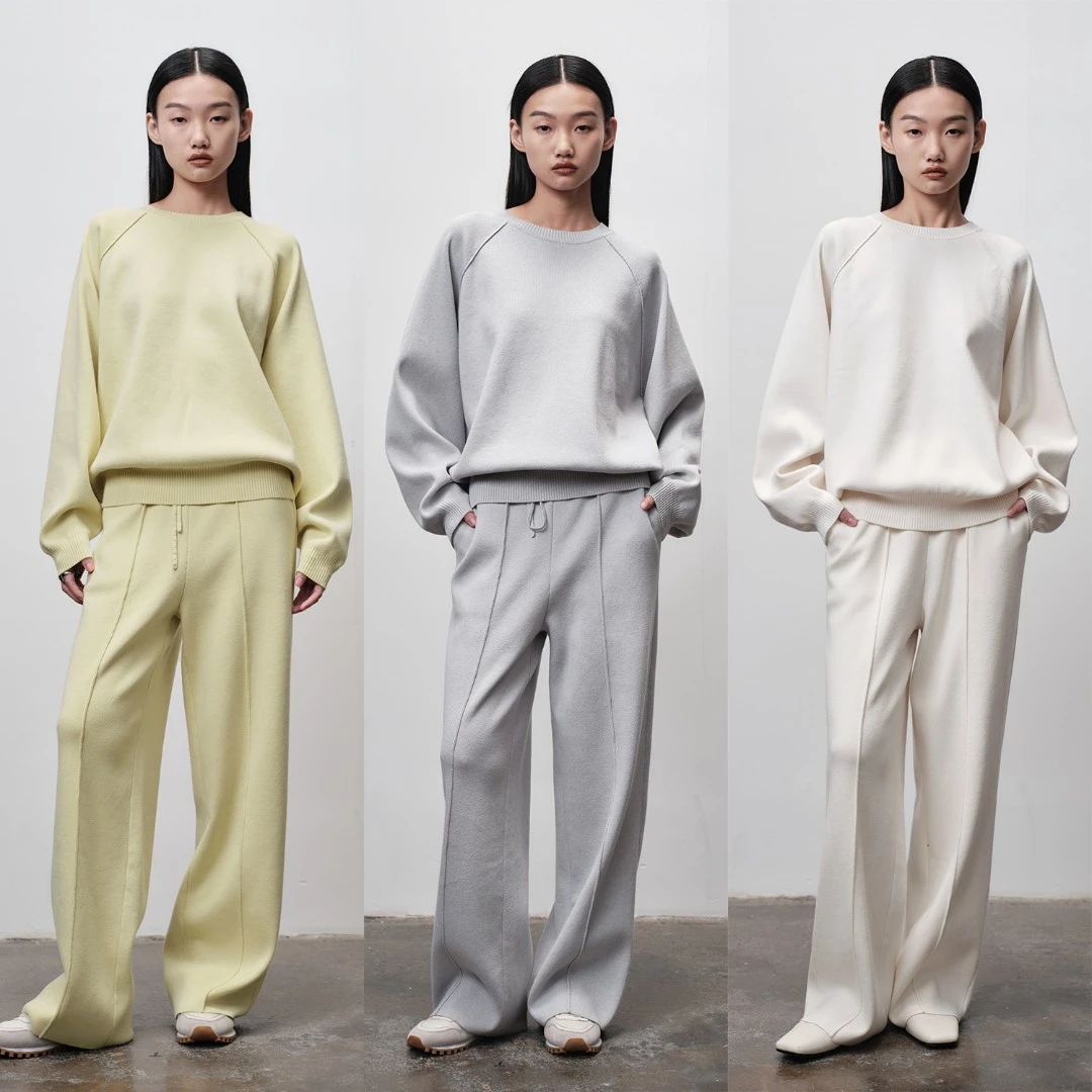 付智恩慵懒假期 巴素兰羊毛混纺 圆领连帽卫衣+直筒裤针织衫