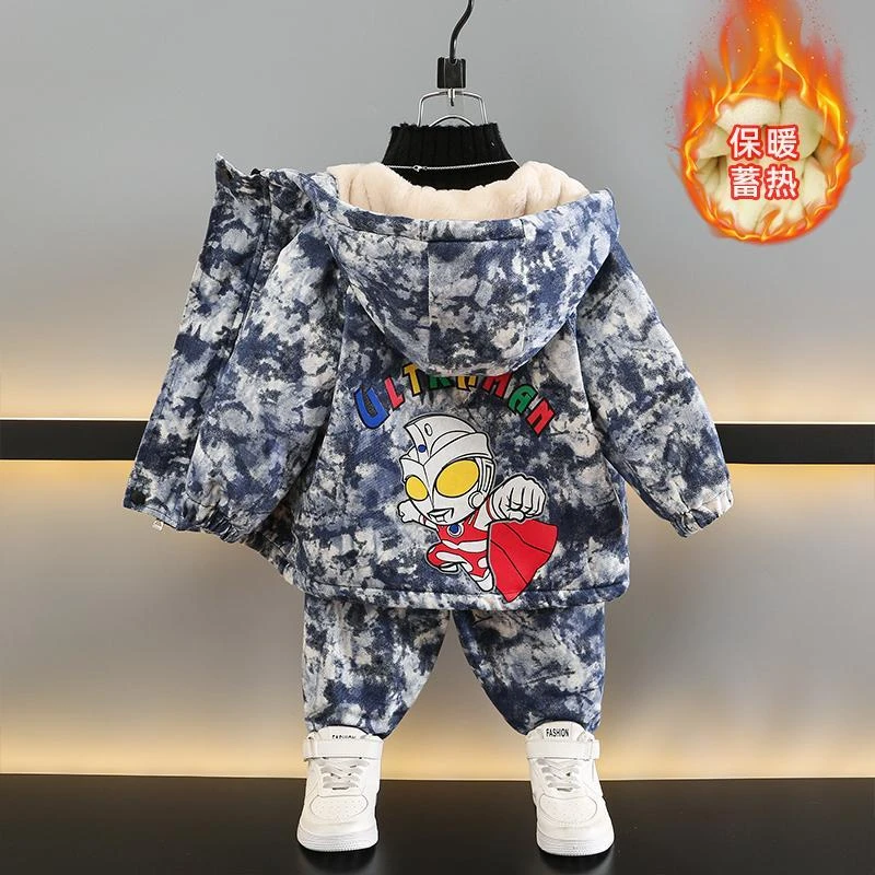 儿童装男童迷彩服加套装秋冬装洋气宝宝冬季加厚奥特曼衣服棉袄
