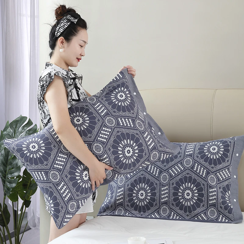 纯棉枕套纱布成人侧边按扣防滑落全棉枕头套一对装学生家用枕芯套