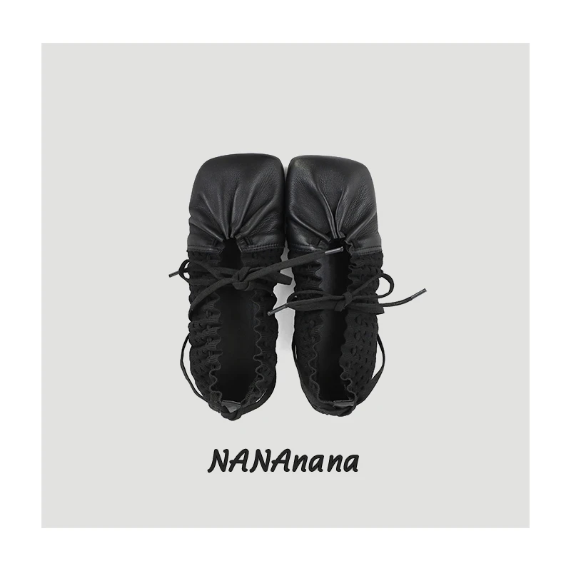 针织勾编缝线真皮褶皱感浅口透气皮质芭蕾鞋