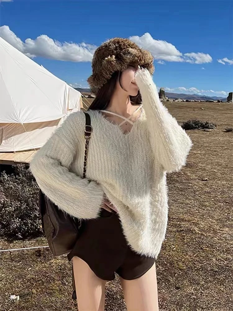 水貂绒软糯法式氛围感毛衣女秋冬宽松慵懒风设计感针织衫长袖上衣