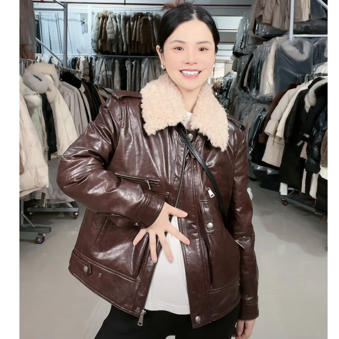 【6622】冬季新款-羊毛领复古机车服真皮皮衣短款款外套