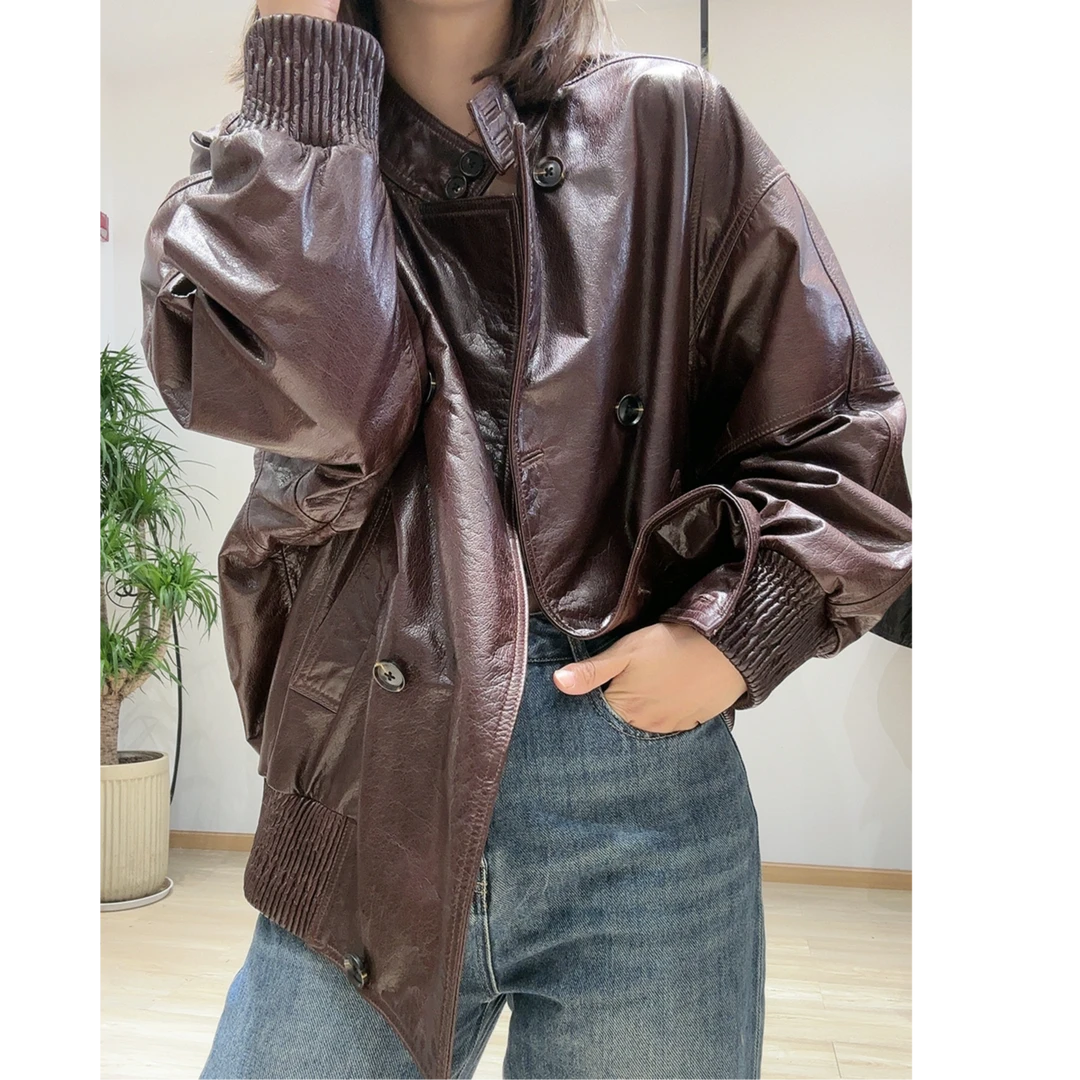 潇潇【595411】安哥拉红复古感牛皮皮衣秋季新款皮衣