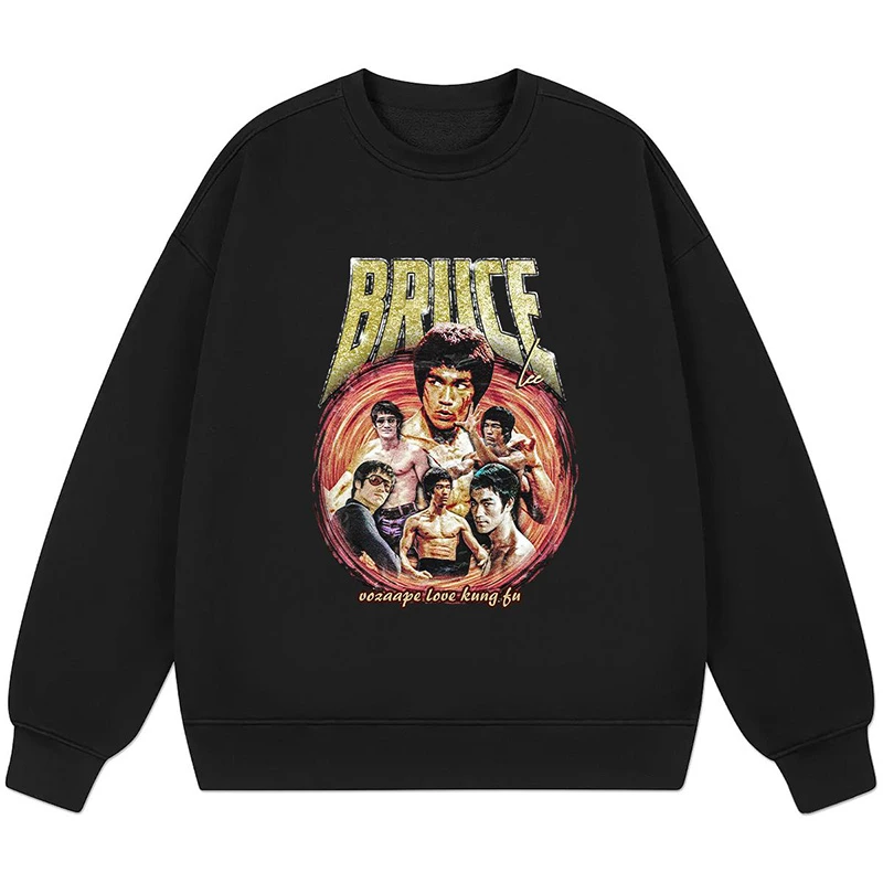 复古致敬李小龙功夫国潮印花宽松圆领卫衣男大学生美式街头青少年