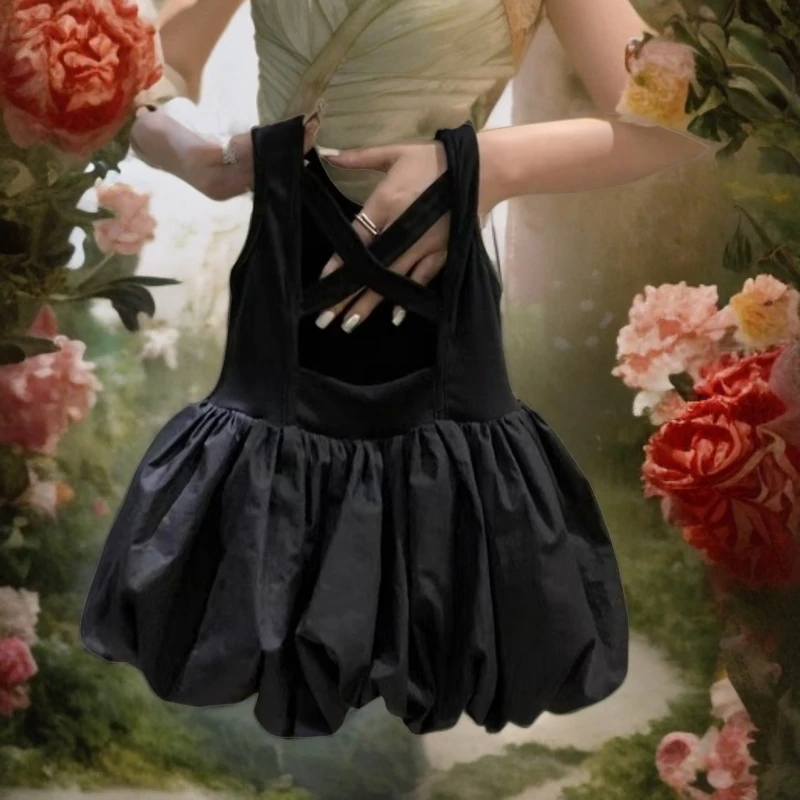 2024新韩国女童露背小黑裙韩系花苞连衣裙儿童蓬蓬ins背心裙洋气