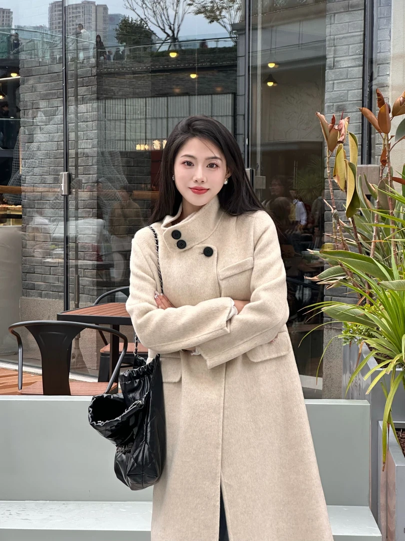 8018【骆驼绒&桑蚕丝】秋冬新款羊毛大衣女士长款高领外套小个子