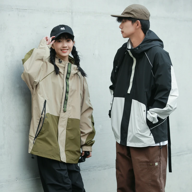 拼色冲锋衣男士户外情侣防水连帽秋冬拼接春秋运动宽松潮流撞色95