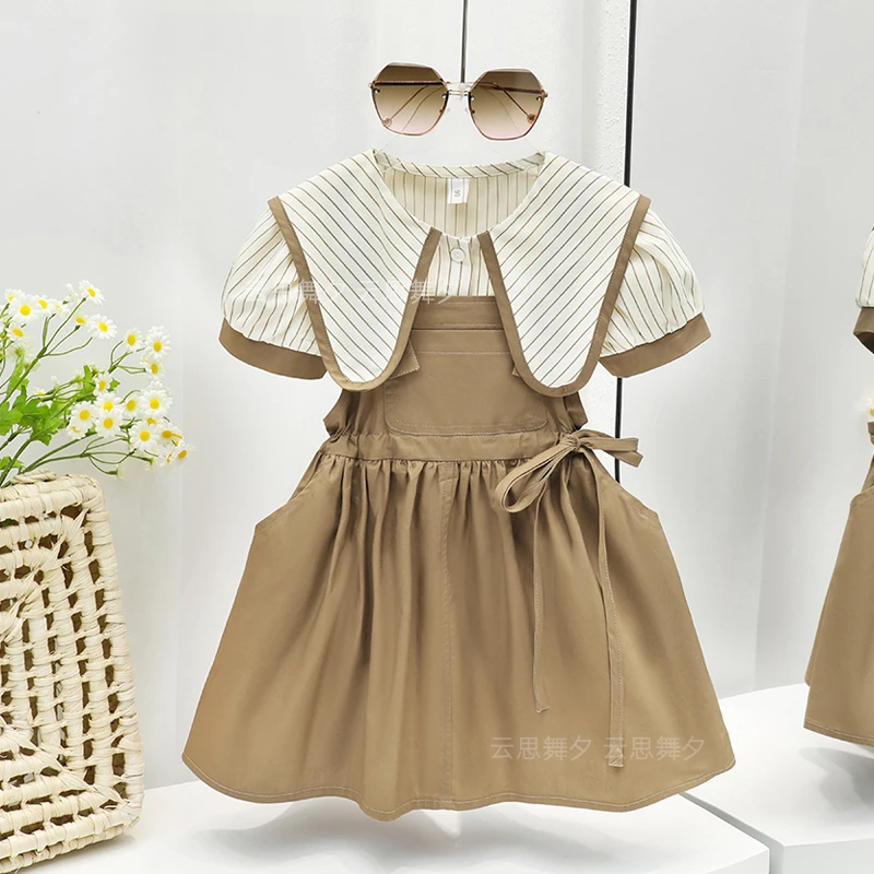 亲子装夏季新款女童娃娃领条纹衬衫套装母女时尚洋气背带裙两件套