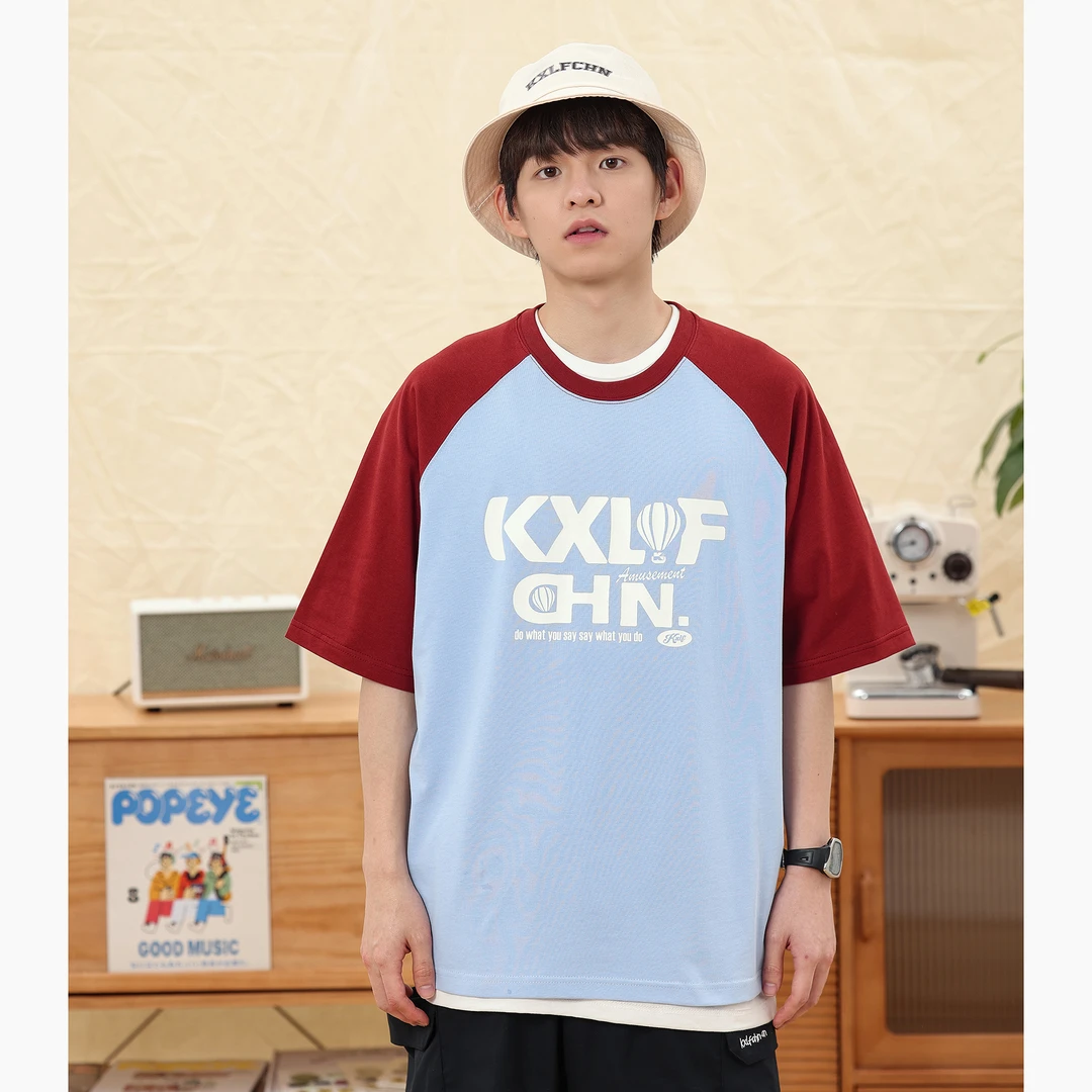 KXLFCHN空穴来风LOGO印花插肩袖短袖男女夏季潮牌撞色圆领T恤半袖